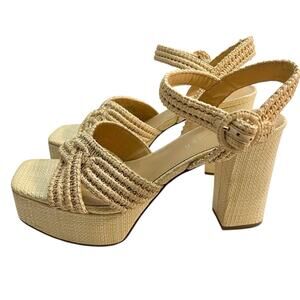 Marc Fisher Cheese Platform Sandals 9M Nude Straw Block Heel Ankle Strap Boho